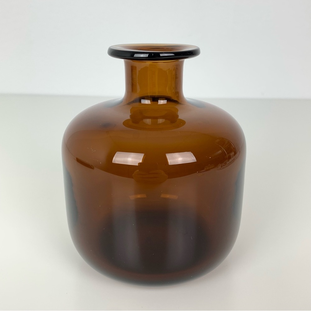 MCM Amber Squat Art Glass Vase Thomas Germany Sticker Vtg Short Brown Dark Decor